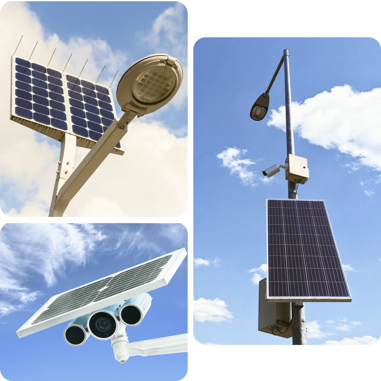 Solar-powered streetlights against blue sky